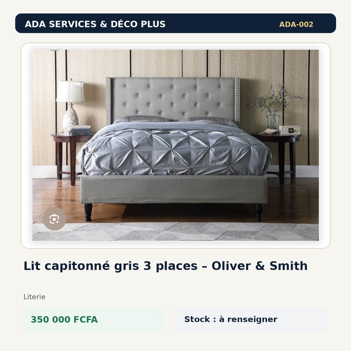 Lit capitonné gris 3 places – Oliver & Smith