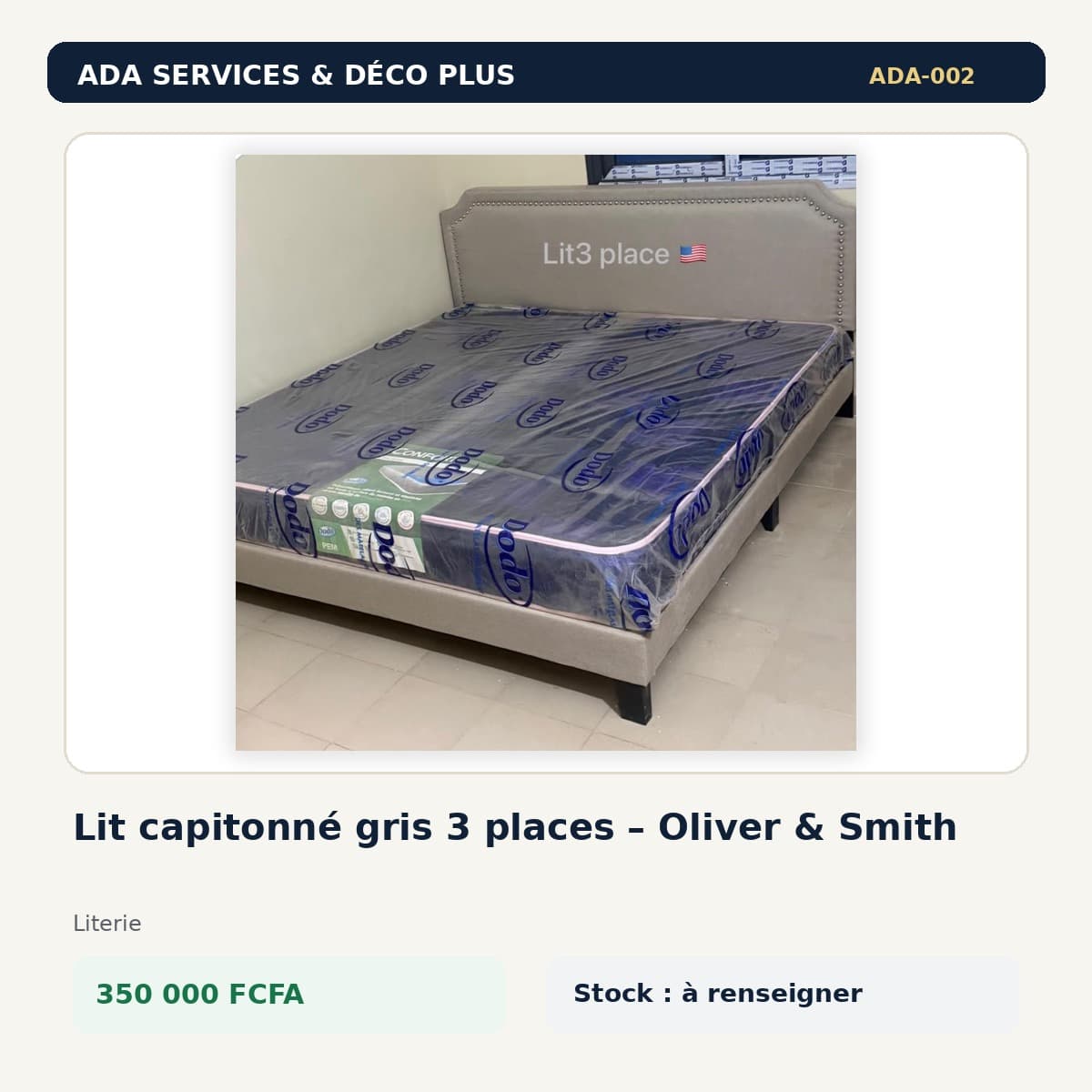Lit capitonné gris 3 places – Oliver & Smith